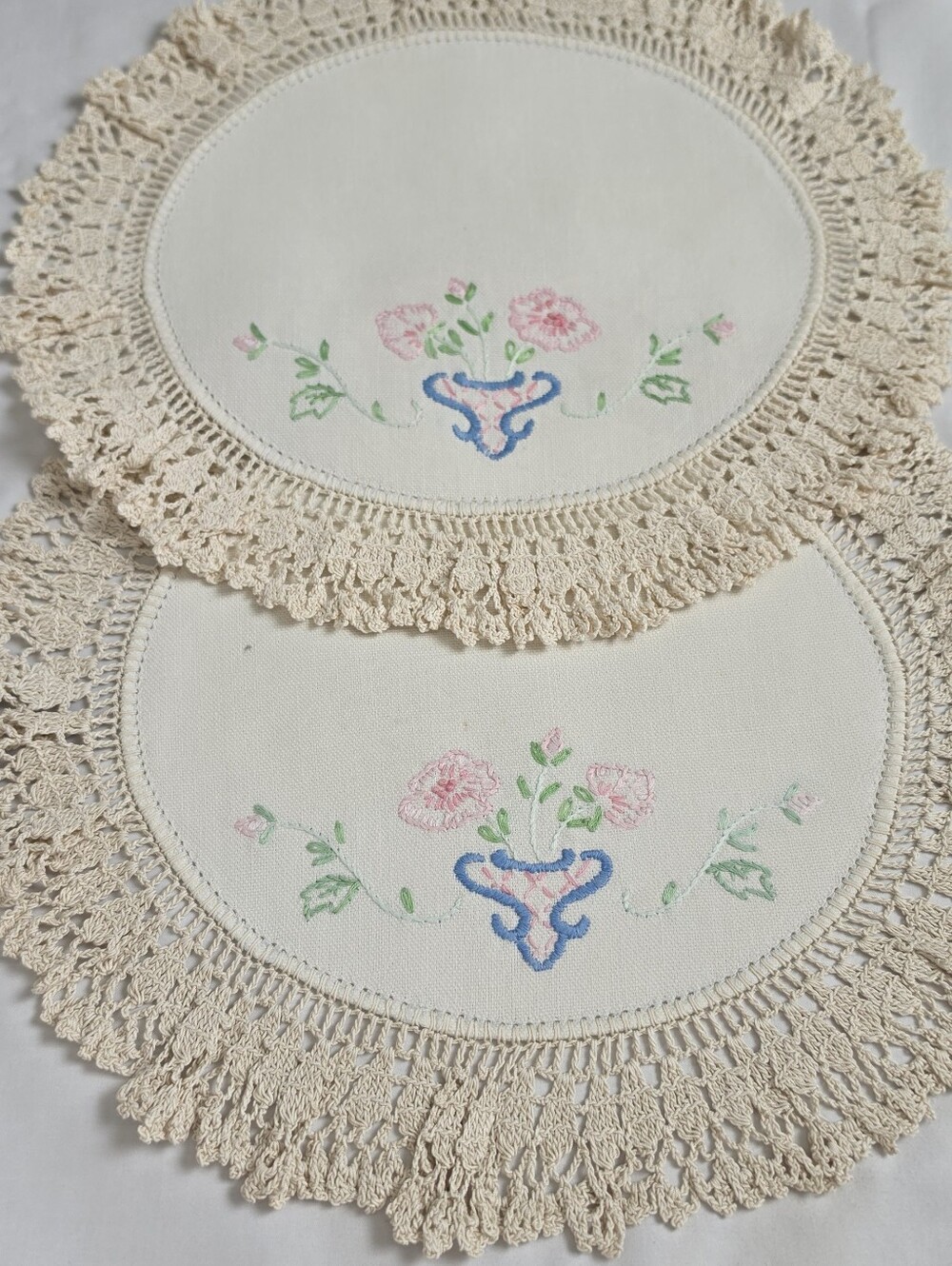 Vintage Pair of Crochet Doilies with Pink Flowers and Blue Vase
